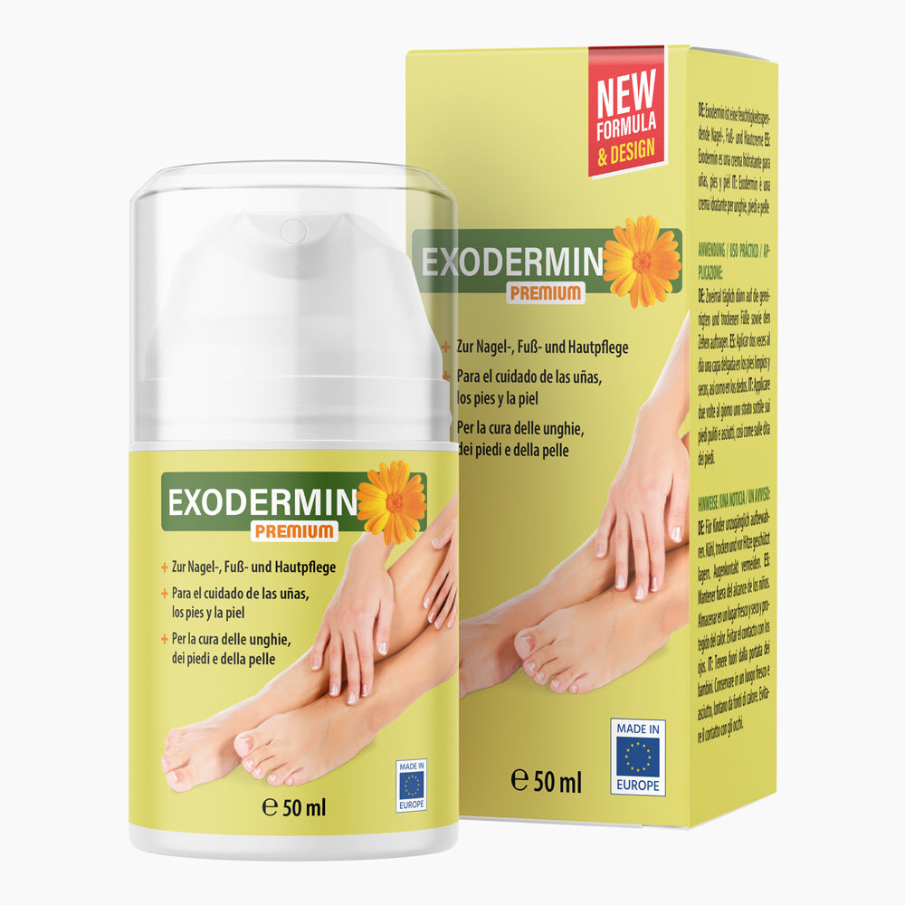 Spenderflasche mit grün-gelbem Etikett Exodermin Premium, 50 ml, mit Abbildungen von Händen und Füßen vor Faltschachtel