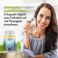 Thumbnail for Frau mit Wasserglas, 27ozem-Premium-Dose und Einnahmehinweis: 2 Kapseln täglich zum Frühstück