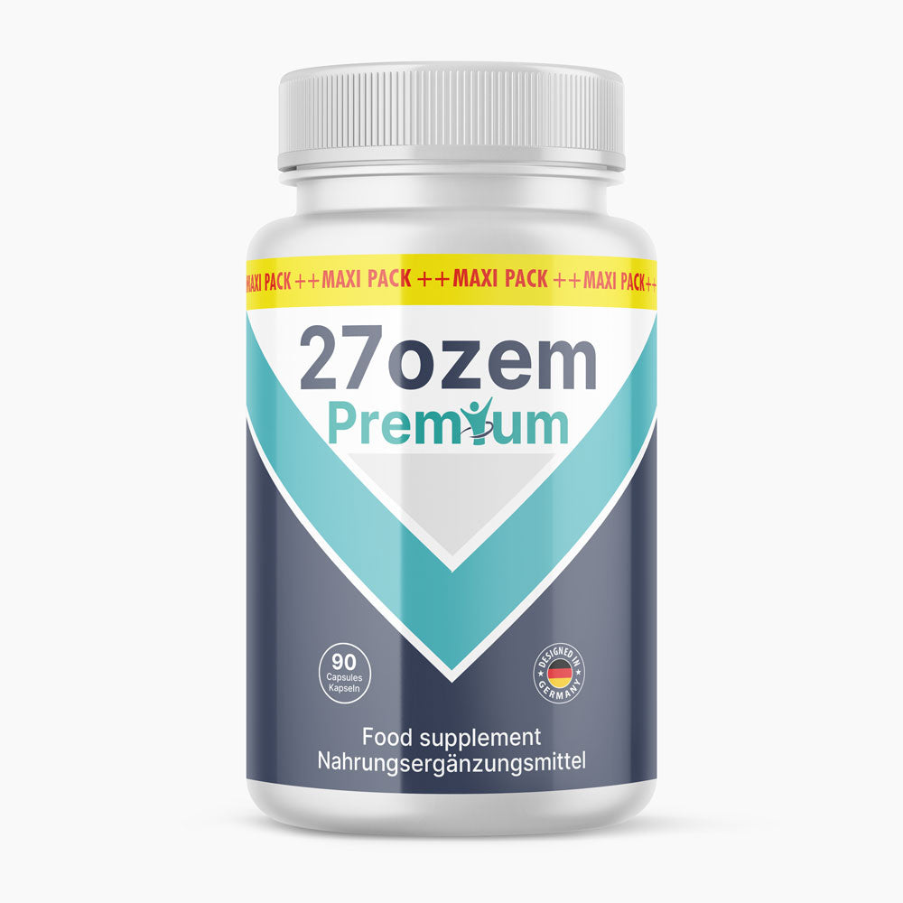 27ozem Premium Nahrungsergänzungsmittel in weißer Dose mit türkis-grauem Design und 90 Kapseln