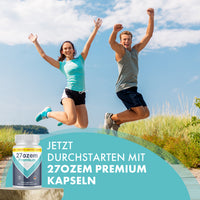 Thumbnail for Frau und Mann springen mit erhobenen Armen, daneben eine Dose 27ozem Premium mit 90 Kapseln