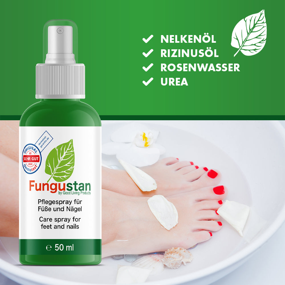 Grüne 50 ml Flasche Fungustan vor Spa-Füßen mit rotem Nagellack, Blüten und Inhaltsstoffliste