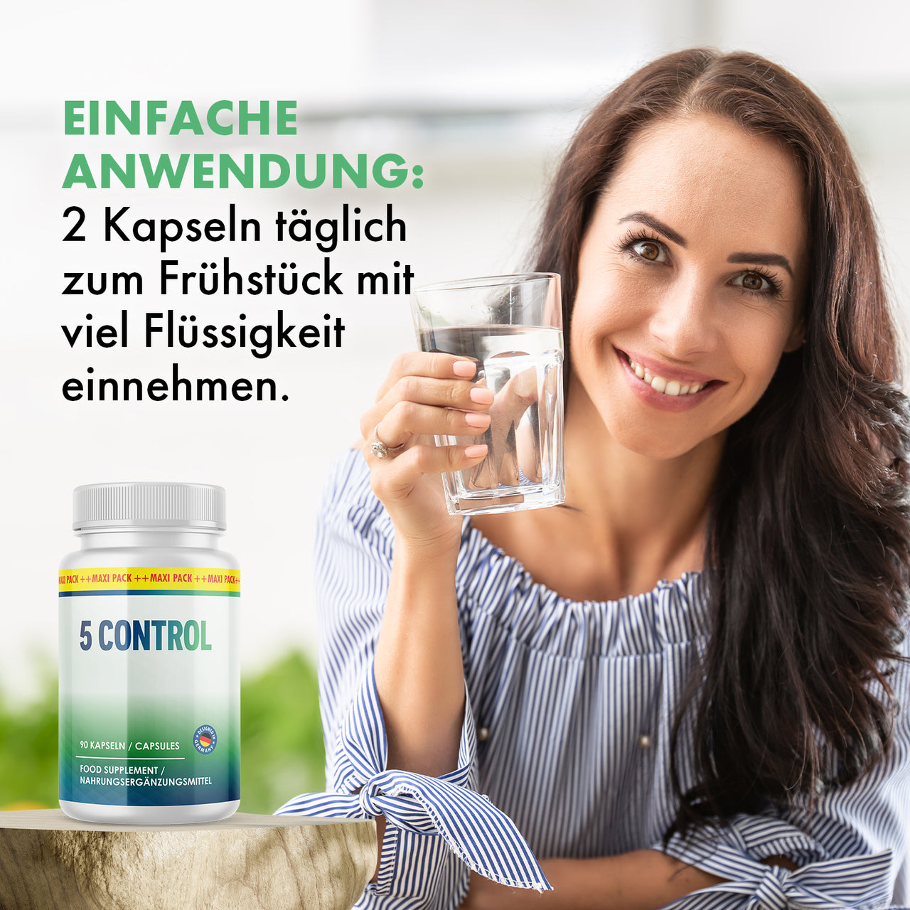 5 Control Nahrungsergänzungsmittel mit Hinweis: 2 Kapseln täglich zum Frühstück mit viel Flüssigkeit
