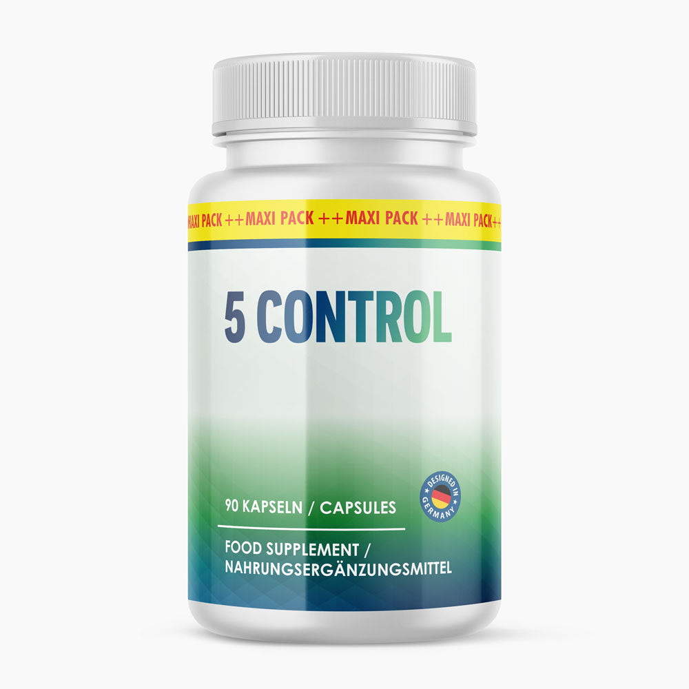 5 Control Nahrungsergänzungsmittel in einer Dose mit 90 Kapseln und Hinweis „Maxi Pack“