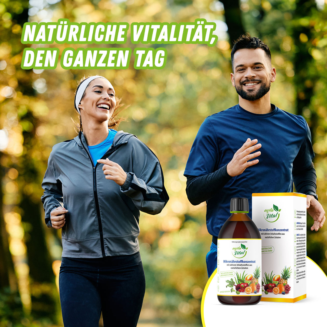 Zwei Menschen joggen im Wald, Agila Vital Mikronährstoffkonzentrat, Text: „Natürliche Vitalität, den ganzen Tag“