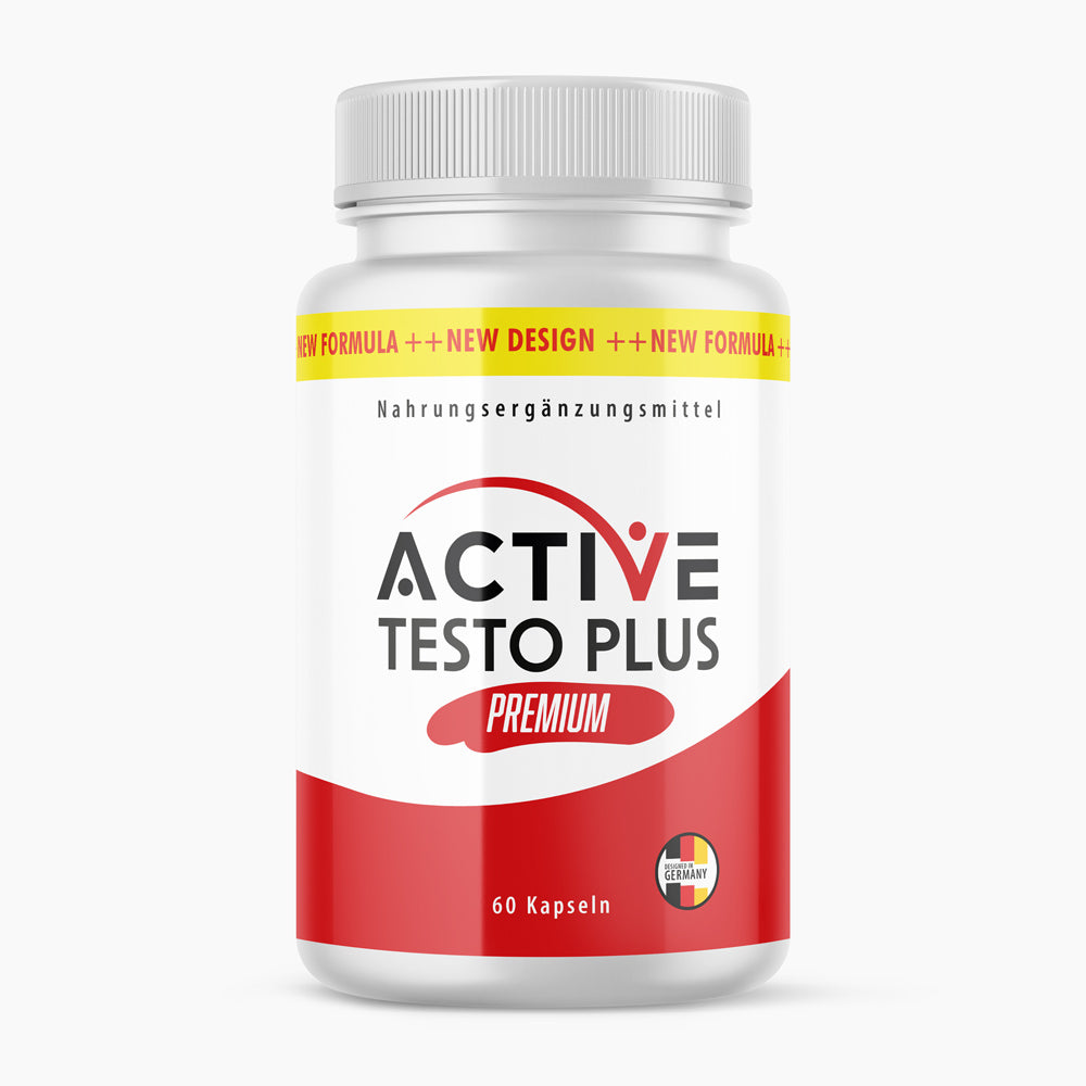 Dose Active Testo Plus Premium mit 60 Kapseln, Nahrungsergänzungsmittel in weiß-rotem Design