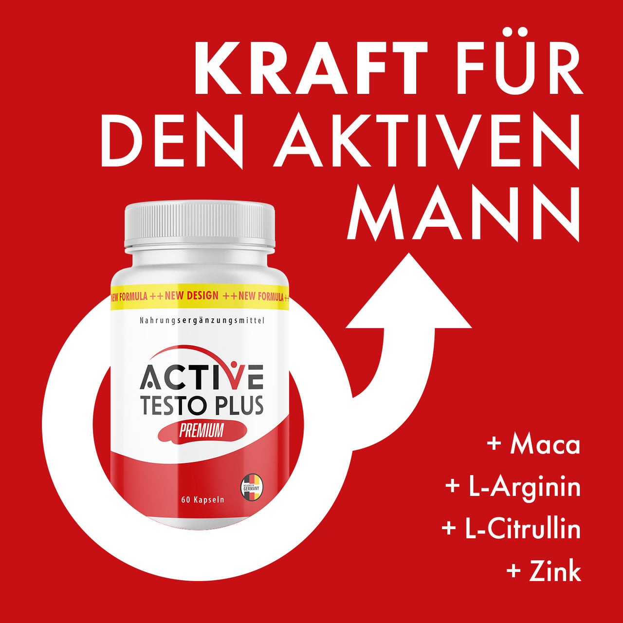 Active Testo Plus Dose auf rotem Hintergrund mit Männersymbol und Zutatenliste rechts im Bild