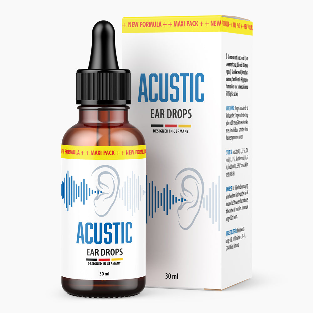 Braune Flasche mit Pipette und Etikett Acustic Ear Drops 30 ml vor passender Faltschachtel mit Ohrgrafik