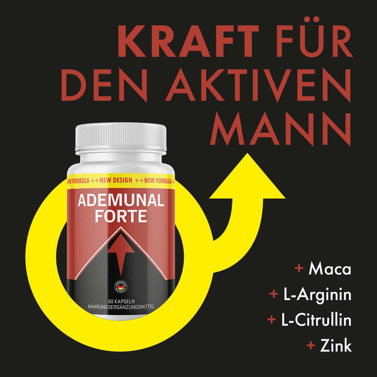 Ademunal Forte Dose mit Hinweis Kraft für den aktiven Mann, gelbem Pfeil und Zutatenliste rechts