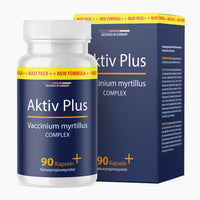 Thumbnail for Kunststoffdose mit dunkelblauem Etikett Aktiv Plus Vaccinium myrtillus Complex, 90 Kapseln vor Faltschachtel
