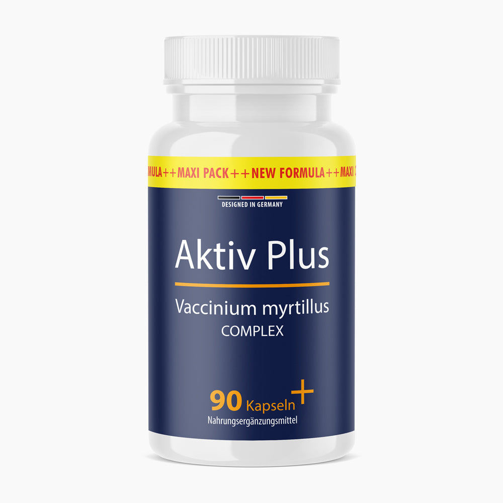 Kunststoffdose mit dunkelblauem Etikett Aktiv Plus Vaccinium myrtillus Complex, 90 Kapseln
