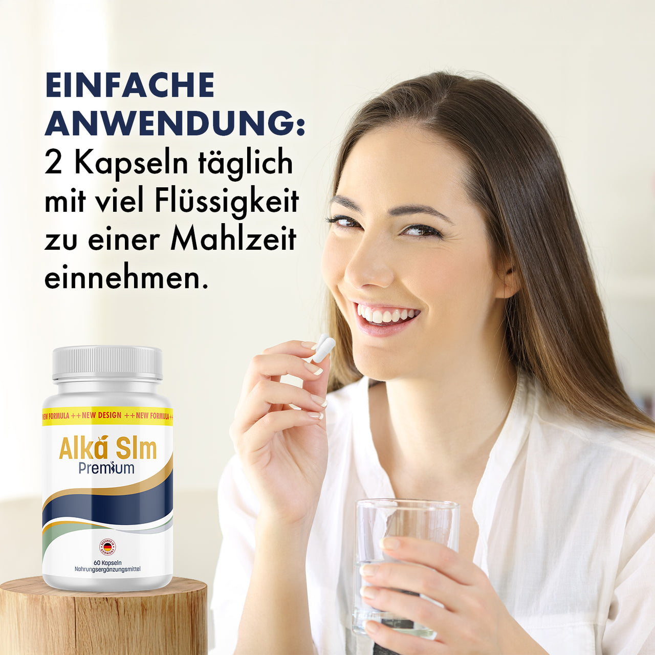 Frau hält Kapseln und Wasserglas neben Dose Alka Slm Premium, Einnahmehinweis: 2 Kapseln täglich
