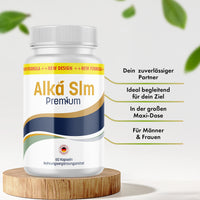 Thumbnail for Dose Alka Slm Premium auf Holzpodest mit vier sichtbaren Produktmerkmalen für Männer und Frauen