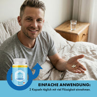 Thumbnail for Grafik mit Mann im Bett, Alpha Edge Dose und Text Einfache Anwendung mit 2 Kapseln täglich