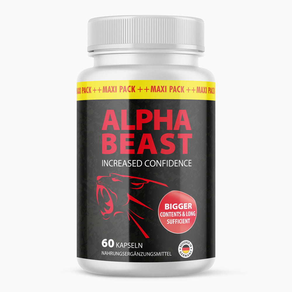 Kunststoffdose mit schwarzem Etikett und Schrift Alpha Beast Increased Confidence 60 Kapseln