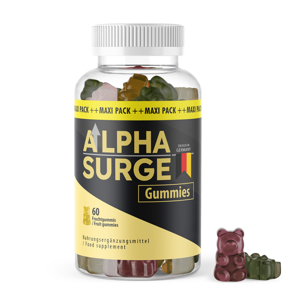 Kunststoffdose mit schwarzem Etikett Alpha Surge Gummies, 60 Fruchtgummis und sichtbaren Gummibärchen daneben