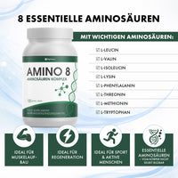 Thumbnail for AMINO 8 Dose und Mann beim Trinken, Text Anwendung 5 Tabletten täglich mit Wasser