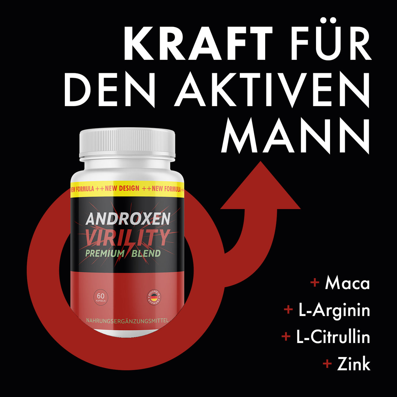 Androxen Virility Premium Blend Dose mit Text „Kraft für den aktiven Mann“ und Zutatenangaben