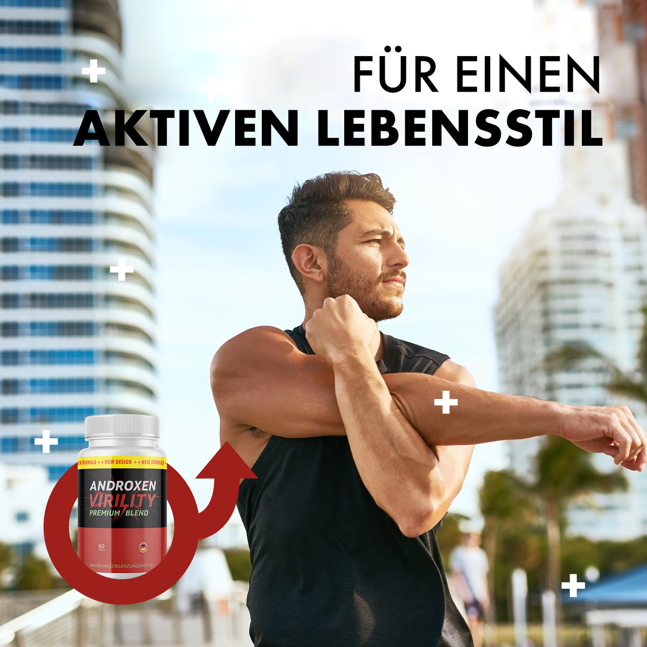 Androxen Virility Premium Blend Dose neben Mann beim Dehnen und Text „Für einen aktiven Lebensstil“