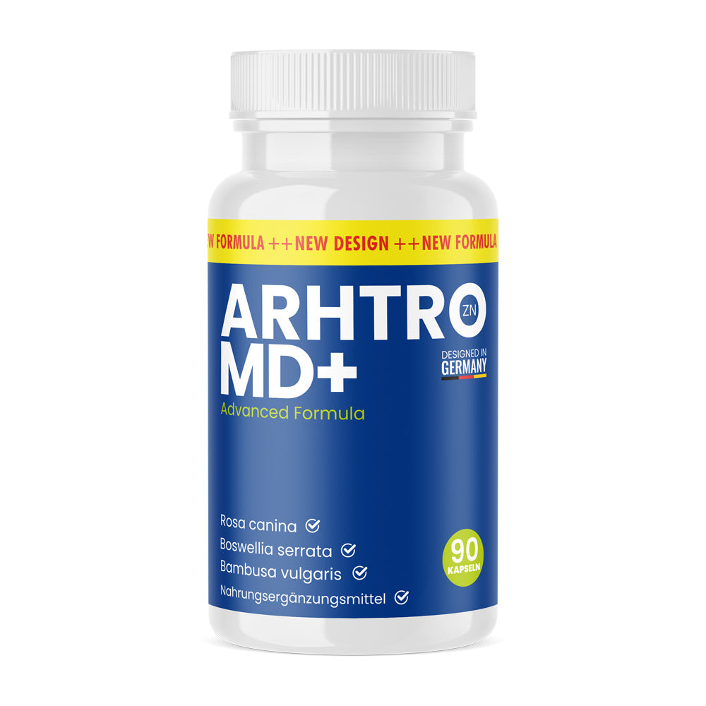 Weiße Kunststoffdose mit blauem Etikett und Schrift Arhtro MD+ Advanced Formula 90 Kapseln