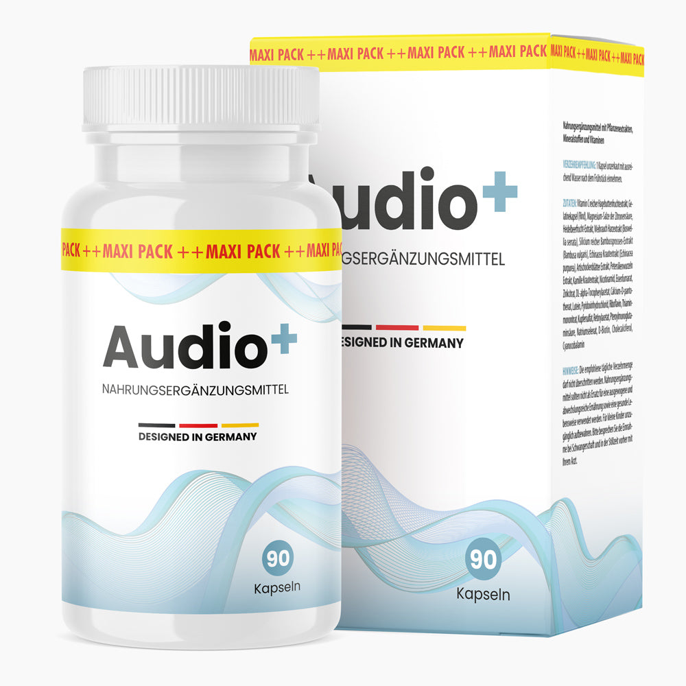 Dose mit Aufdruck Audio Plus mit 90 Kapseln und Faltschachtel im gleichen Design mit geschwungener Linie