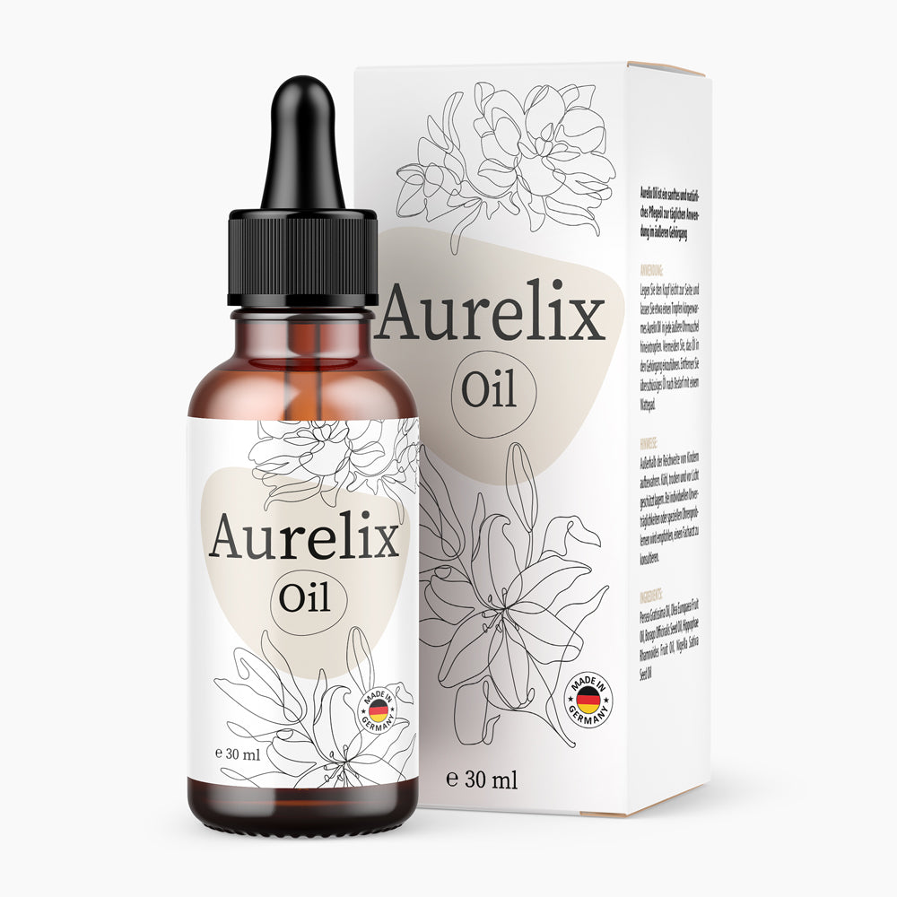 Braune Flasche mit Pipette und weißem Etikett Aurelix Oil 30 ml vor passender Faltschachtel mit Blüten