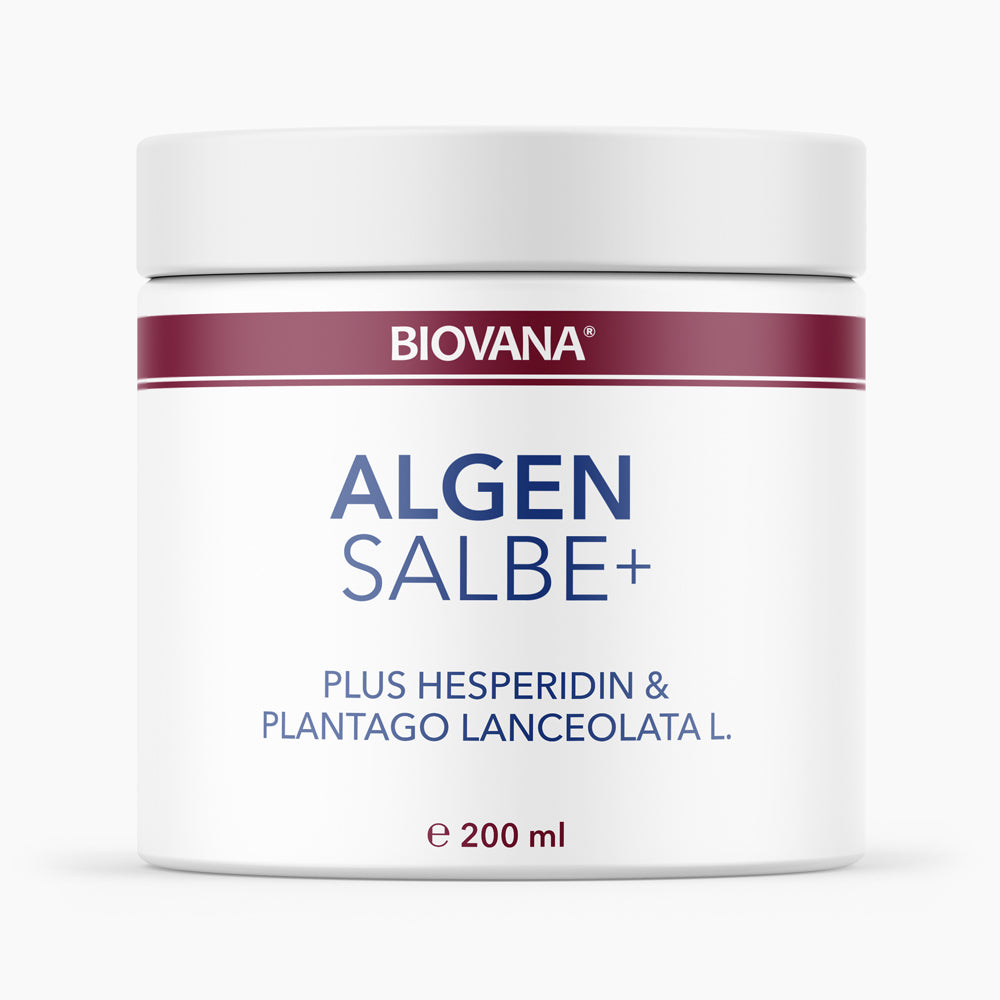 Weiße Dose Biovana Algen Salbe+ mit 200 ml und Aufschrift Hesperidin und Plantago Lanceolata