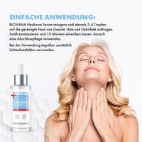 Thumbnail for BIOVANA Hyaluron Komplex Serum neben Frau bei Anwendung an Hals und Dekolleté mit Anleitung