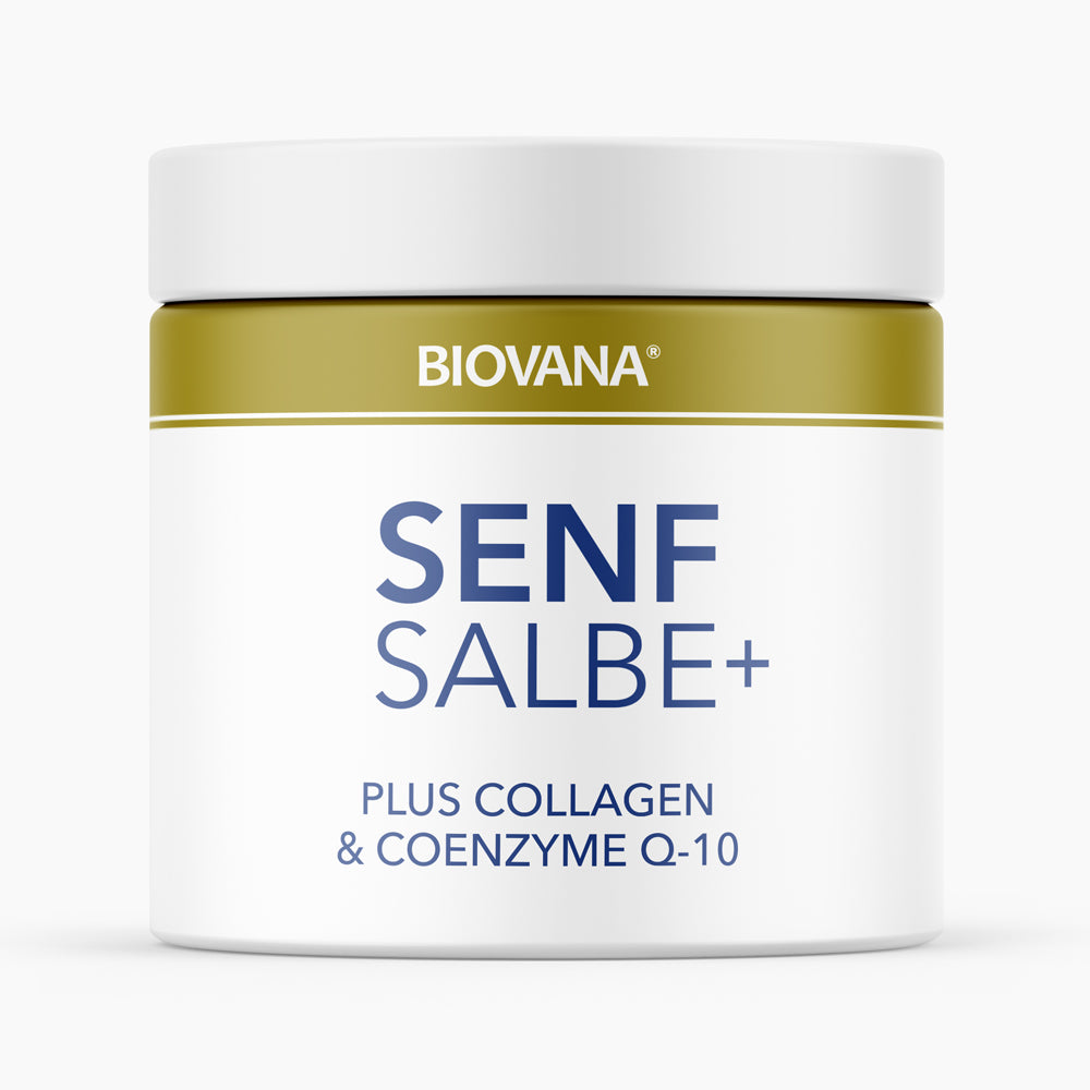 Weiße Kunststoffdose mit Text Biovana SENF SALBE+ und Zusatz Collagen und Coenzyme Q-10