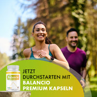 Thumbnail for Joggende Frau und Mann im Park mit Balancio Premium Dose und Text Jetzt durchstarten
