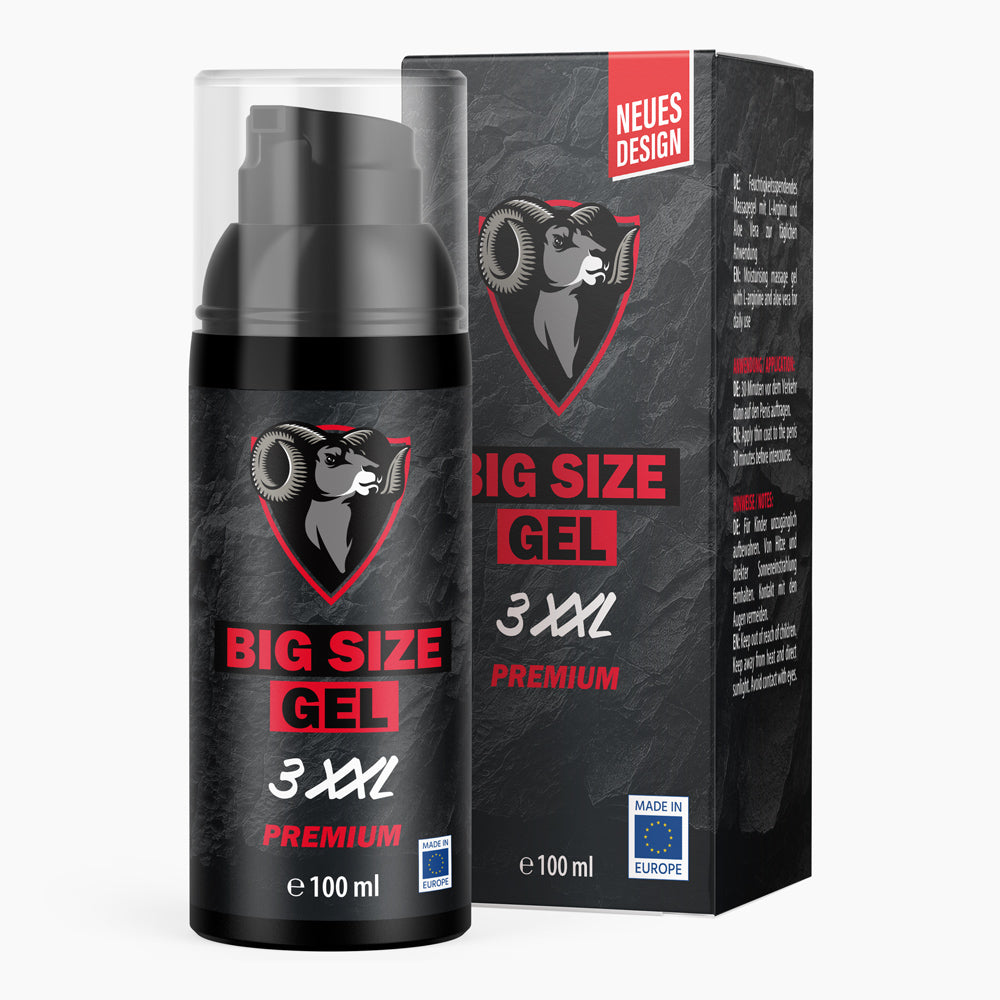 Flasche mit schwarzem Etikett und Widderkopf-Logo Big Size Gel 100 ml vor passender Faltschachtel