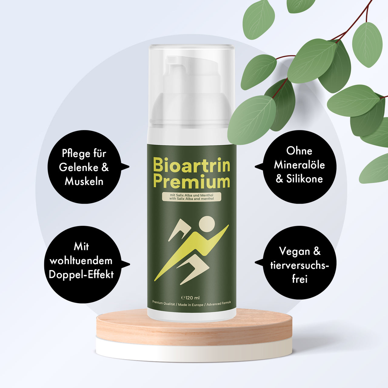 Flasche Bioartrin Premium 120 ml auf Podest, Textkreise: Pflege für Gelenke & Muskeln, vegan