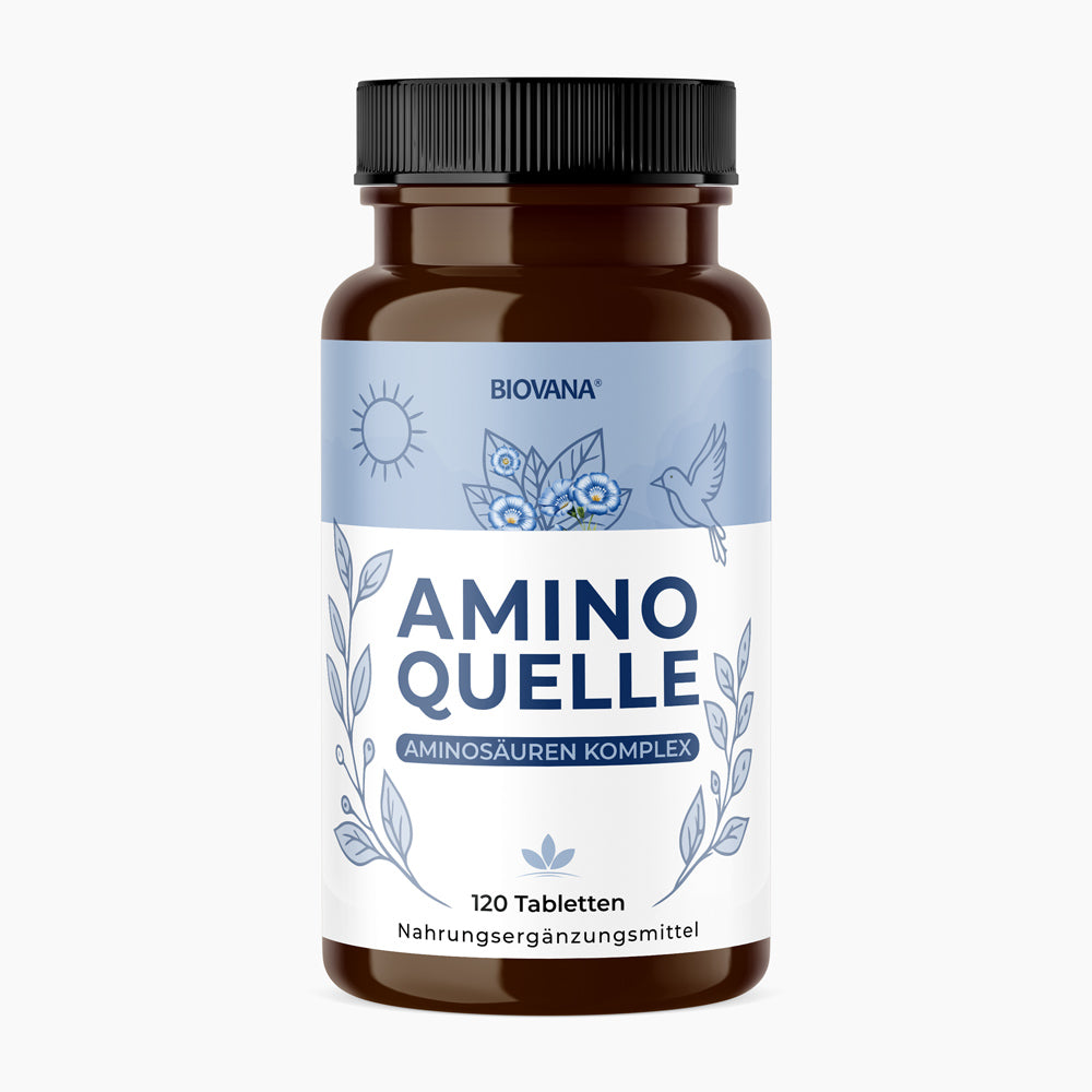 Braune Dose Amino Quelle Aminosäuren Komplex mit 120 Tabletten vor neutral hellem Hintergrund