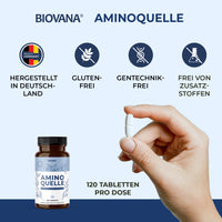 Thumbnail for BIOVANA Aminoquelle mit Hand und Tablette sowie Hinweisen zu Glutenfreiheit und Zusatzstoffen