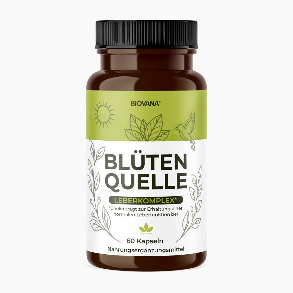 Biovana Blütenquelle Leberkomplex als braune Dose mit 60 Kapseln auf neutralem, hellem Hintergrund