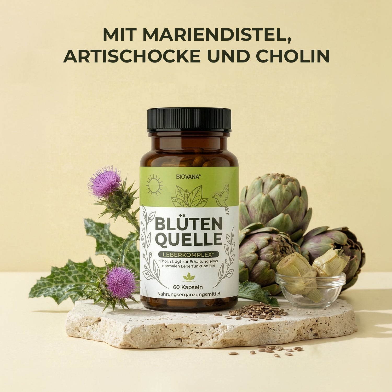 Biovana Blütenquelle mit Mariendistel, Artischocken und Cholin als Produktinszenierung gezeigt