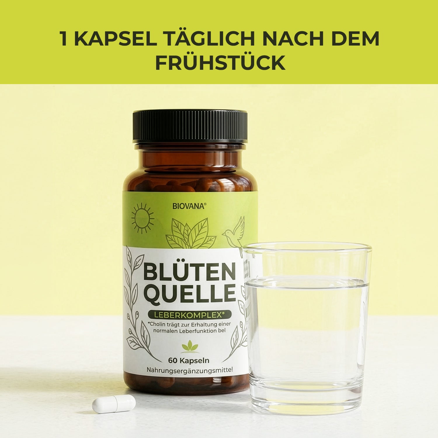 Biovana Blütenquelle vor hellem Hintergrund mit Wasserglas, Kapsel und Hinweis zur Einnahme