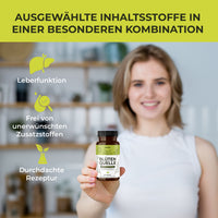 Thumbnail for Frau hält Biovana Blütenquelle Dose, daneben Hinweise zu Rezeptur, Zusatzstoffen und Leberfunktion