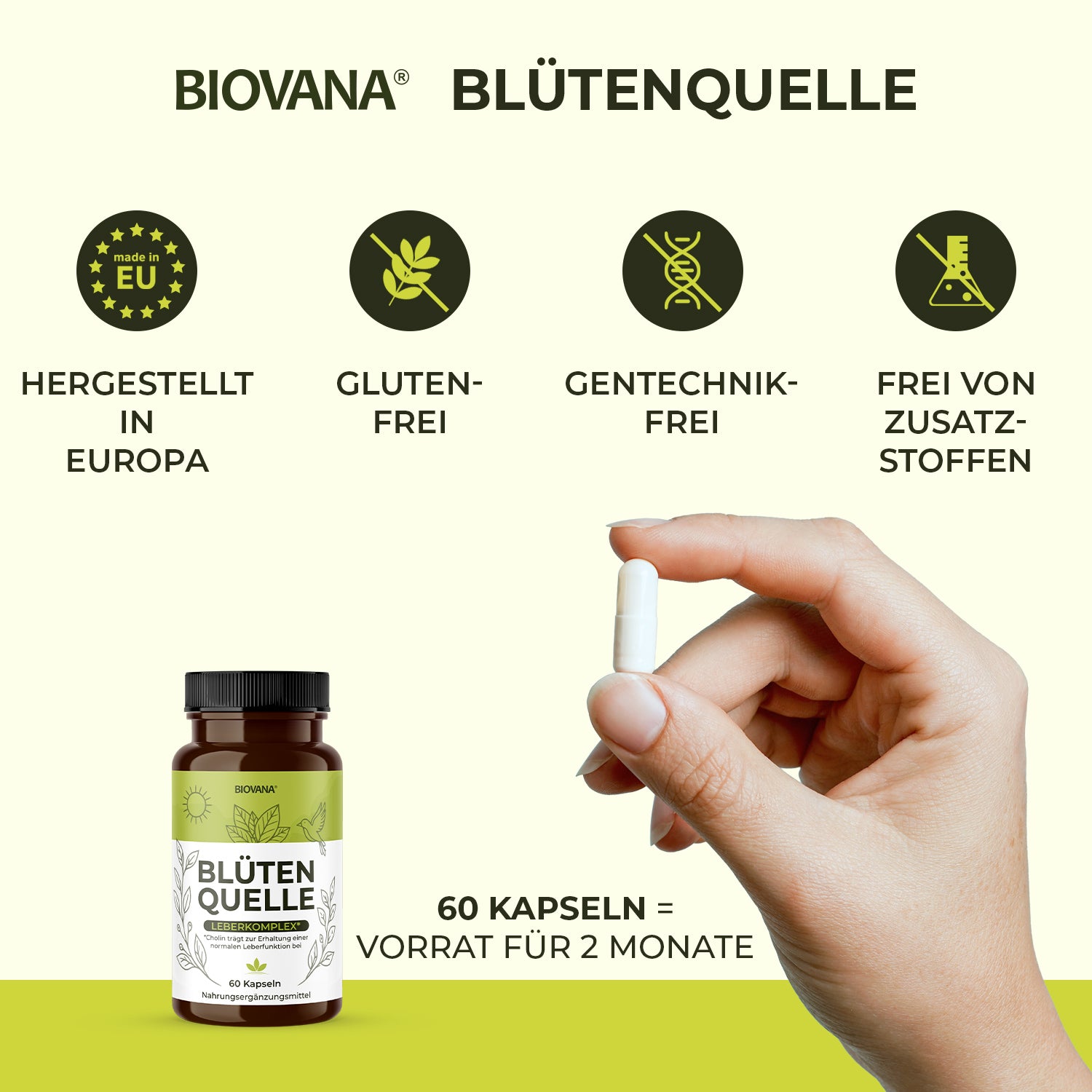 Biovana Blütenquelle mit Kapsel in Hand sowie Icons zu Europa, glutenfrei und gentechnikfrei