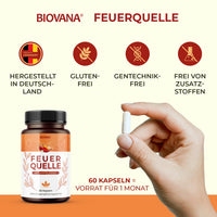 Thumbnail for Produktgrafik zu Biovana Feuerquelle Kapseln mit Hinweisen zu glutenfrei, gentechnikfrei und Monatsvorrat