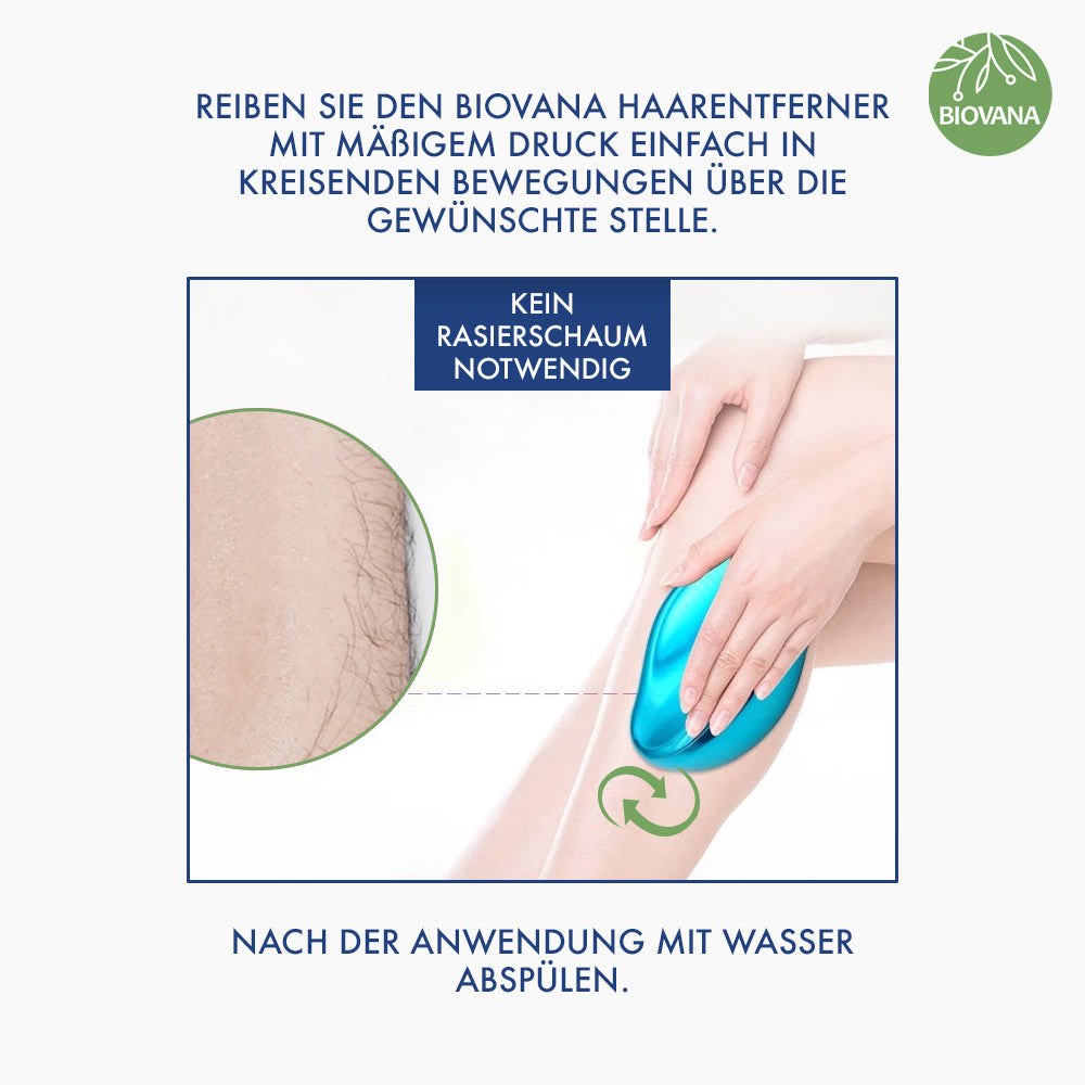 Blauer Haarentferner wird mit kreisender Bewegung über behaarte Hautstelle geführt, Detailansicht links