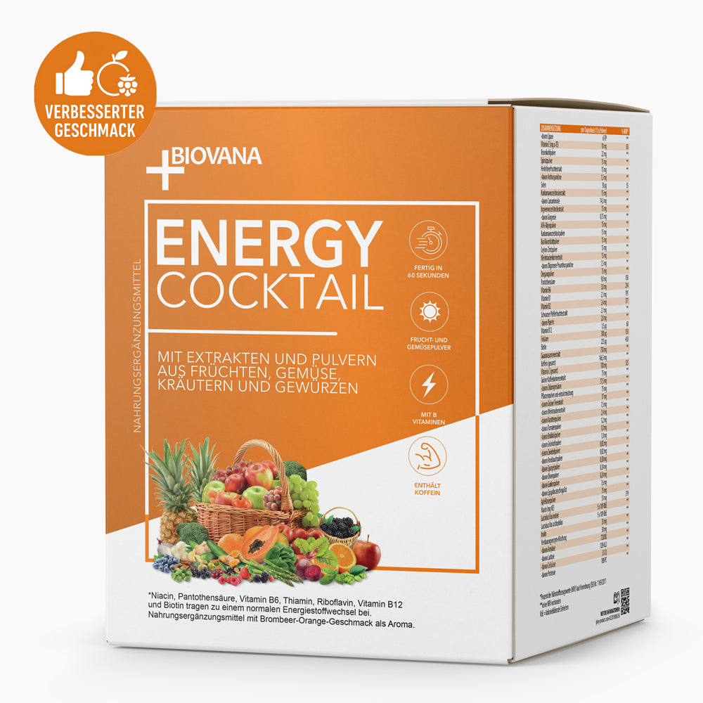Biovana Energy Cocktail Verpackung orange mit Zutatenabbildung und Hinweis verbesserter Geschmack