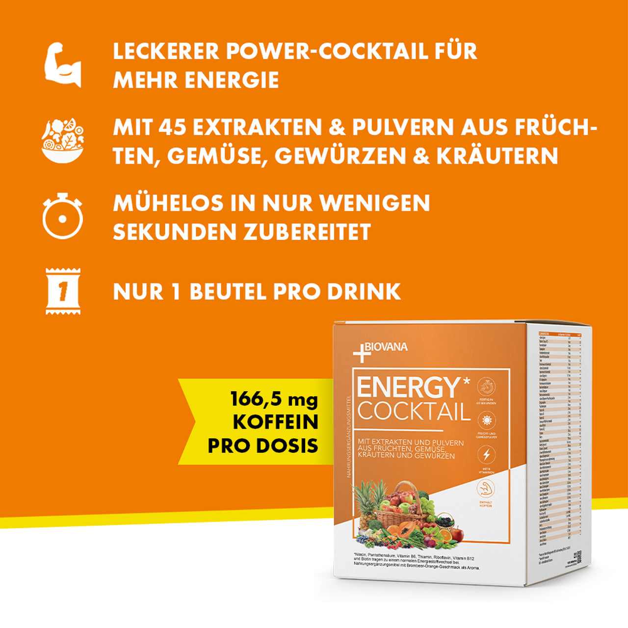 Infografik Biovana Energy Cocktail mit Angaben zu Zutaten Zubereitung und 166,5 mg Koffein