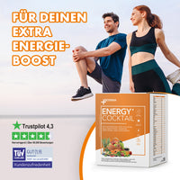 Thumbnail for Sportliches Paar neben Produktbox Biovana Energy Cocktail mit Text Extra Energie Boost