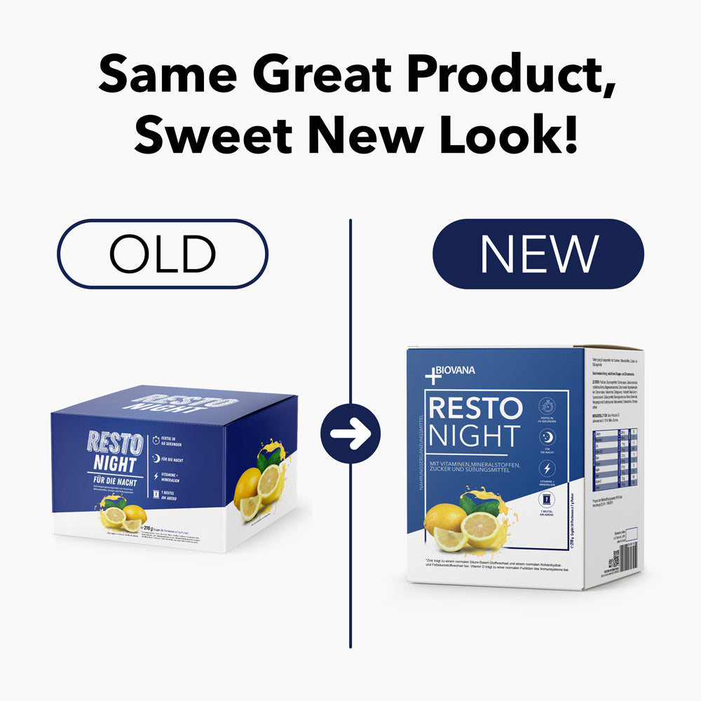 RESTO NIGHT Verpackung alt und neu im Vergleich mit Beschriftung Gleiche Qualität im neuen Look