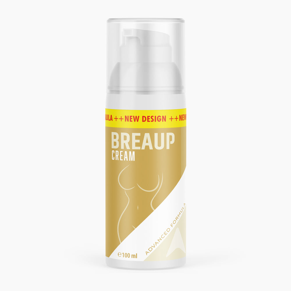 Breaup Cream Pumpspender mit 100 ml und goldener Etikettfläche mit stilisierter Frauenkontur