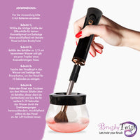 Thumbnail for Elektrisches Pinselreinigungsgerät mit Hand, rotierendem Pinsel in Glasbehälter mit rosa Flüssigkeit, links Textanleitung