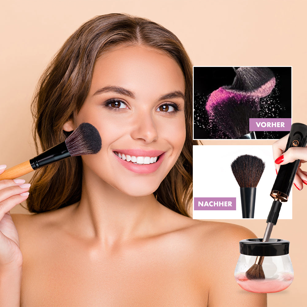 Frau mit Pinsel im Gesicht, rechts Vergleich Vorher mit farbigem Puder und Nachher mit gereinigtem Pinsel