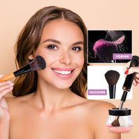 Thumbnail for Frau mit Pinsel im Gesicht, rechts Vergleich Vorher mit farbigem Puder und Nachher mit gereinigtem Pinsel