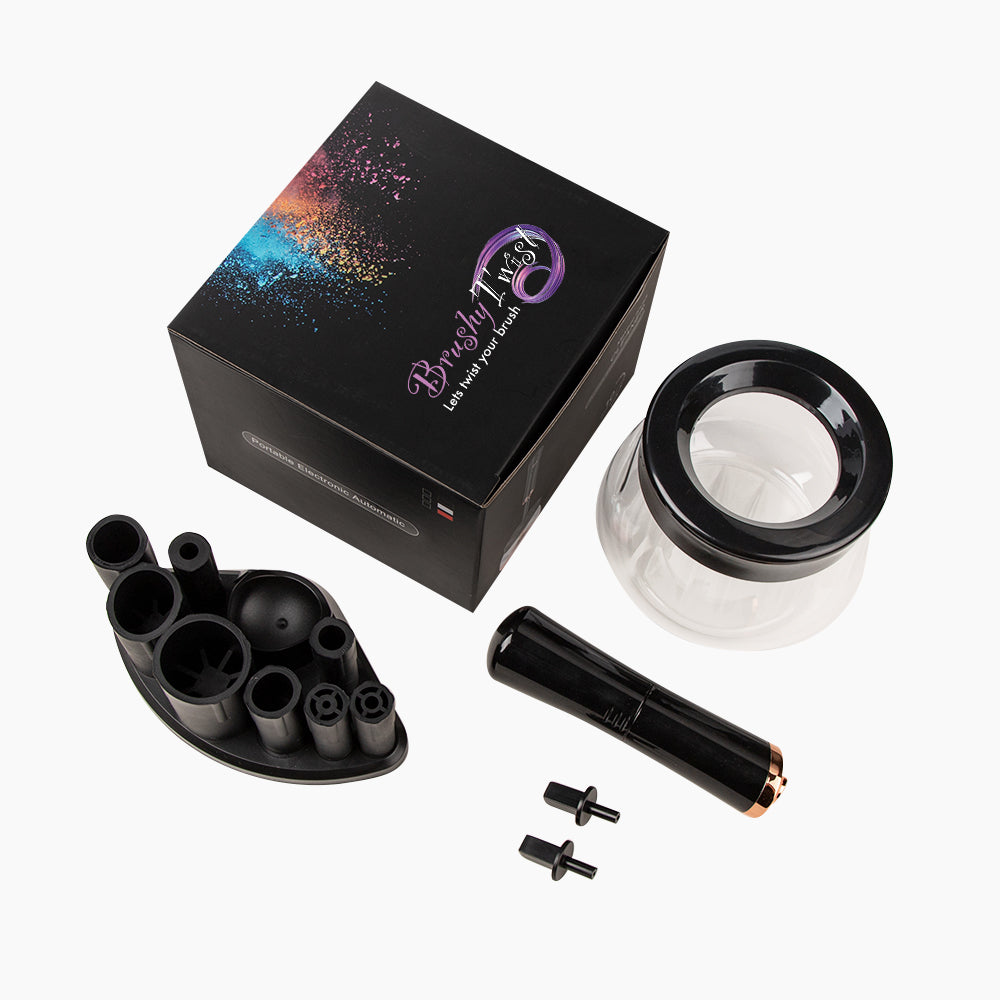 Set mit schwarzer Box Brushy Twist, transparentem Reinigungsbehälter, Halterung, schwarzem Griffteil und Aufsätzen