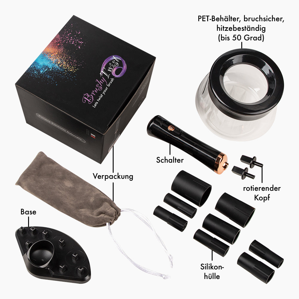 Brushy Twist Einzelteile mit Beschriftungen: Behälter, Schaltergriff, Base, Silikonhüllen und Stoffbeutel